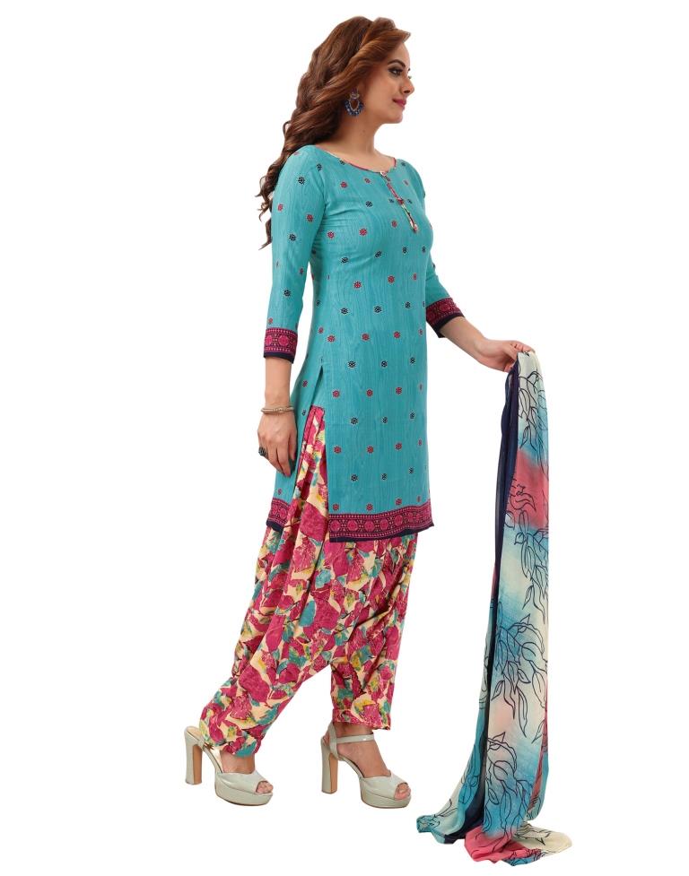 Modish Sky Blue Printed Unstitched Salwar Suit | Leemboodi