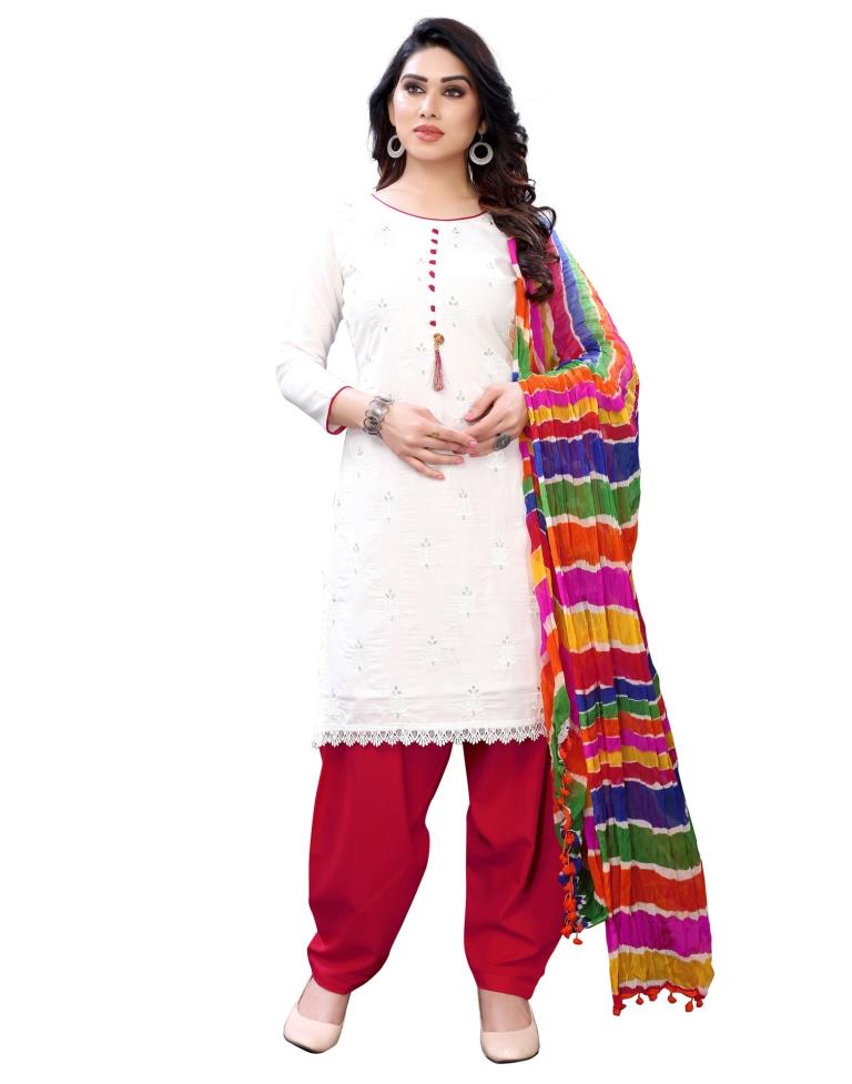 Bedazzling White Cotton Embroidered Unstitched Salwar Suit | Leemboodi