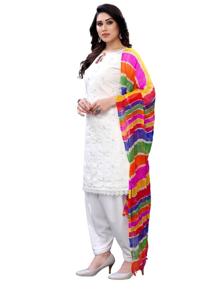 Attractive White Cotton Embroidered Unstitched Salwar Suit | Leemboodi