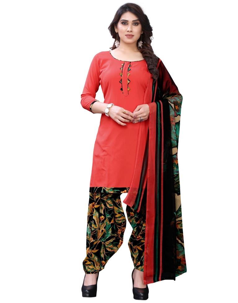 Enthralling Crimson Red Printed Unstitched Salwar Suit | Leemboodi