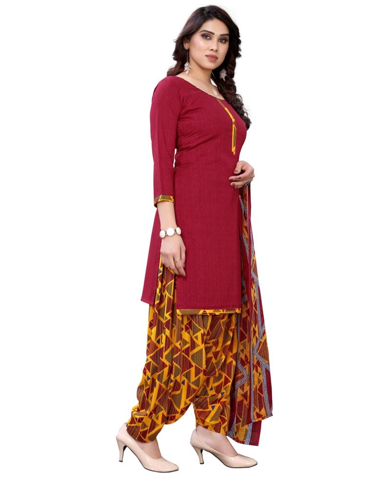 Distinctive Maroon Printed Unstitched Salwar Suit | Leemboodi