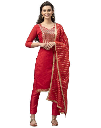 Ambitious Red Cotton Thread Work Unstitched Salwar Suit | Leemboodi
