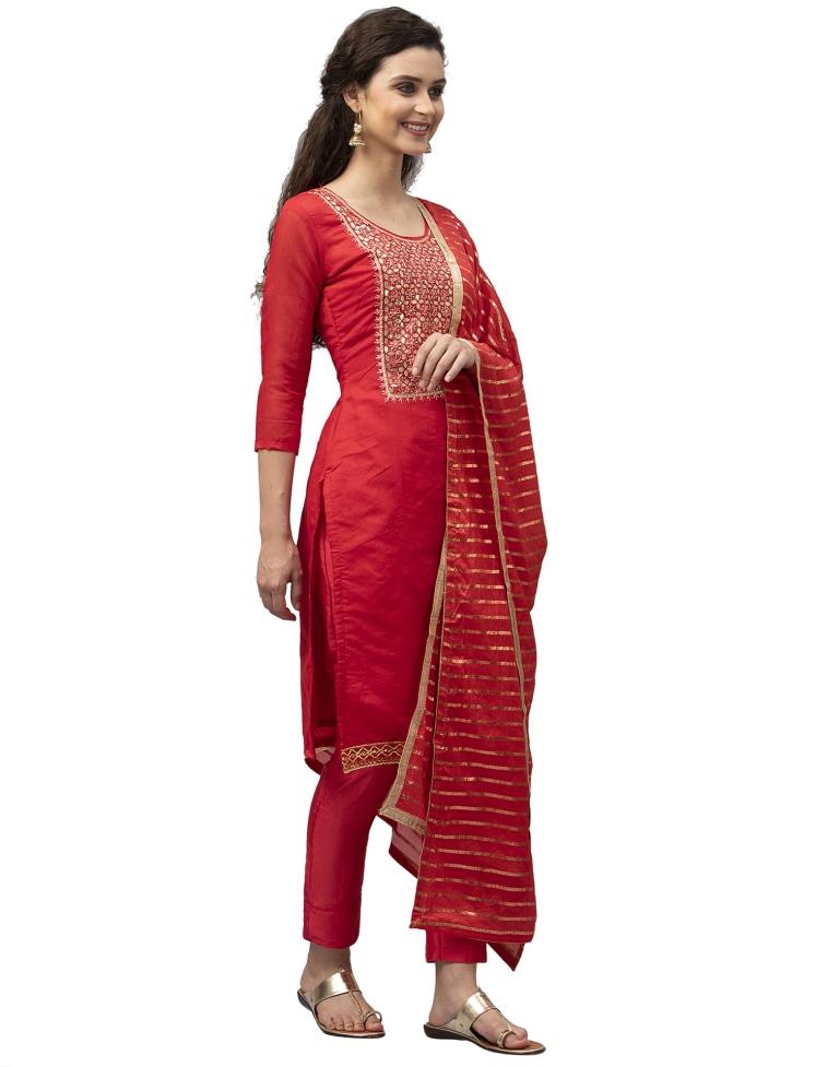 Ambitious Red Cotton Thread Work Unstitched Salwar Suit | Leemboodi