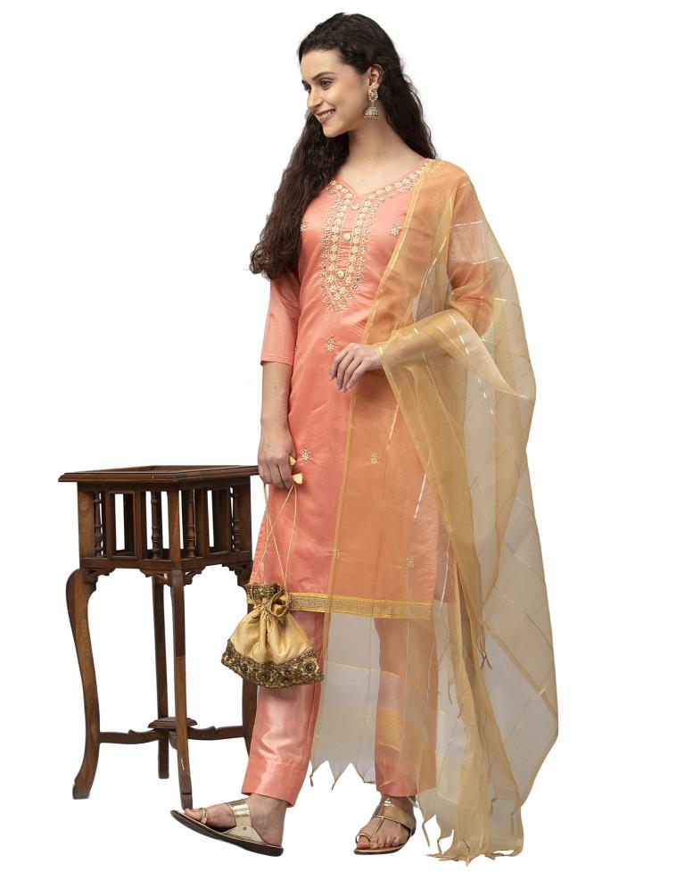 Divine Peach Cotton Hand Work Unstitched Salwar Suit | Leemboodi