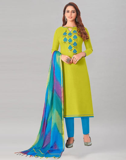 Desirable Lime Green Cotton Embriodery Unstitched Salwar Suit | Leemboodi
