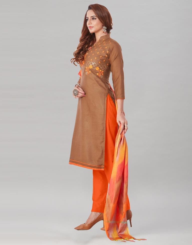 Designer Brown Cotton Embriodery Unstitched Salwar Suit | Leemboodi