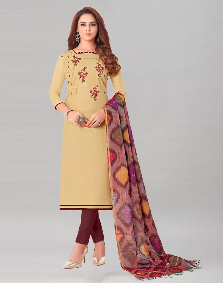Beguiling Cream Cotton Embriodery Unstitched Salwar Suit | Leemboodi
