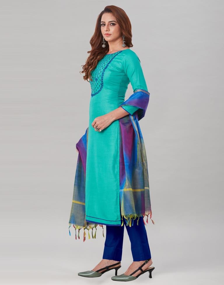 Alluring Aqua Green Cotton Embriodery Unstitched Salwar Suit | Leemboodi
