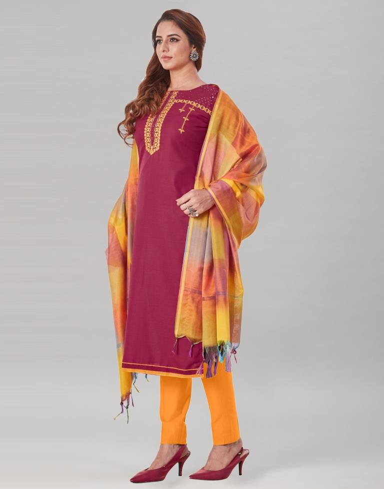 Enriching Maroon Cotton Embriodery Unstitched Salwar Suit | Leemboodi