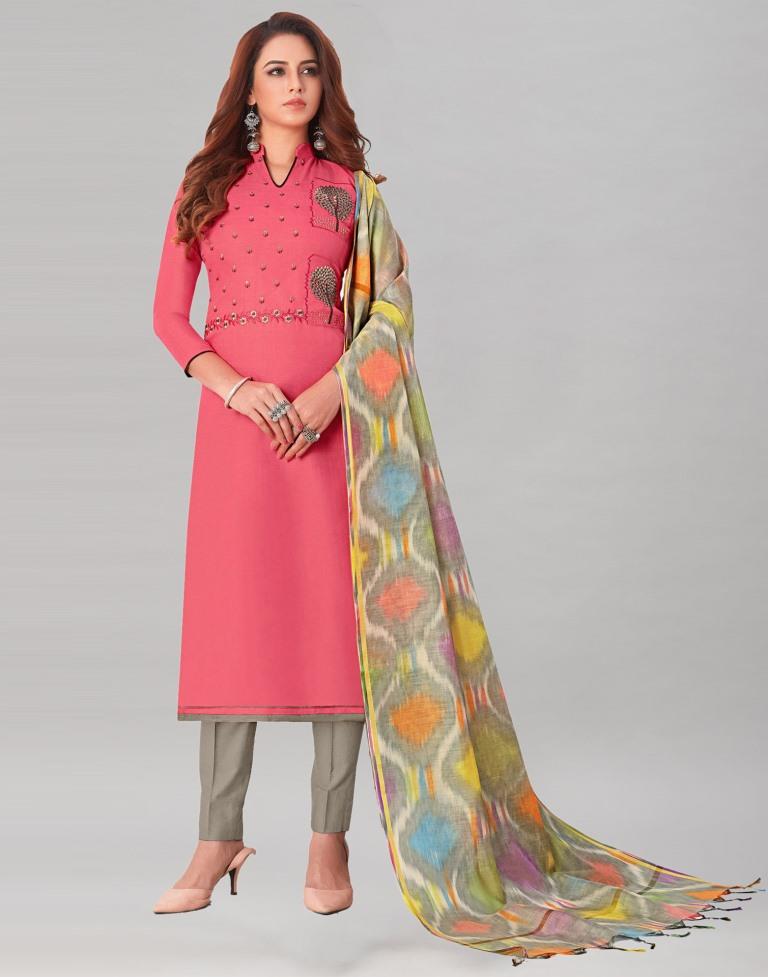 Fantastic Punch Pink Cotton Embriodery Unstitched Salwar Suit | Leemboodi