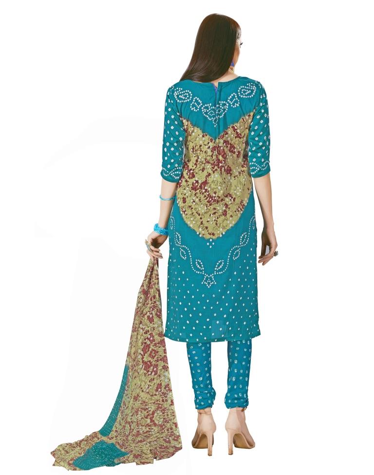 Tremendous Teal Blue Bandhani Printed Unstitched Salwar Suit | Leemboodi