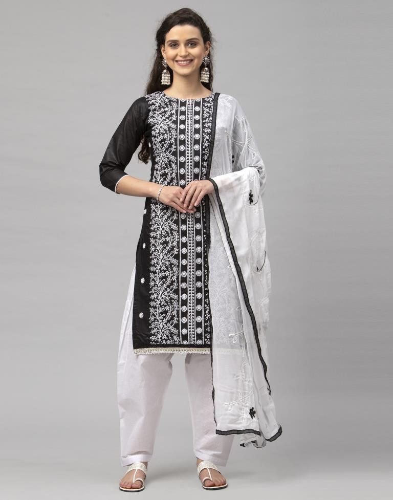 Elegant Black Cotton Embroidered Unstitched Salwar Suit | Leemboodi