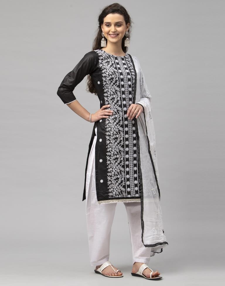 Elegant Black Cotton Embroidered Unstitched Salwar Suit | Leemboodi
