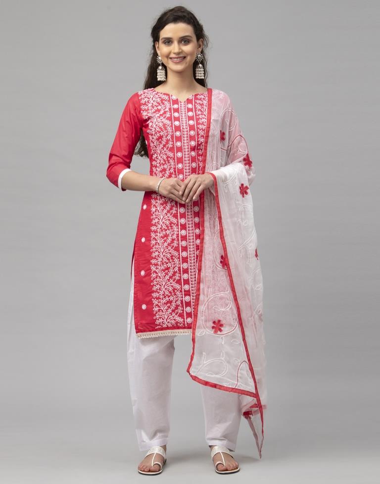 Outstanding Pink Cotton Embroidered Unstitched Salwar Suit | Leemboodi