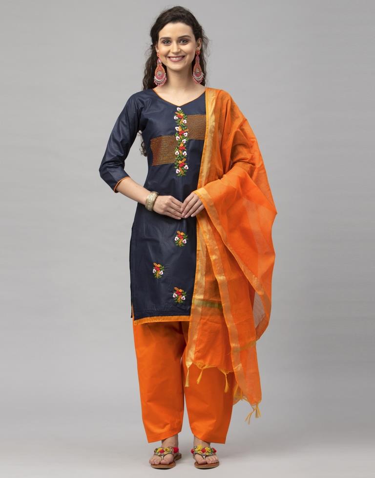 Delusive Navy Blue Cotton Embroidered Unstitched Salwar Suit | Leemboodi