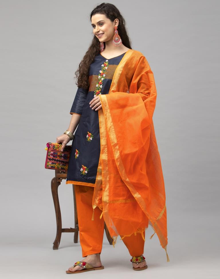 Delusive Navy Blue Cotton Embroidered Unstitched Salwar Suit | Leemboodi