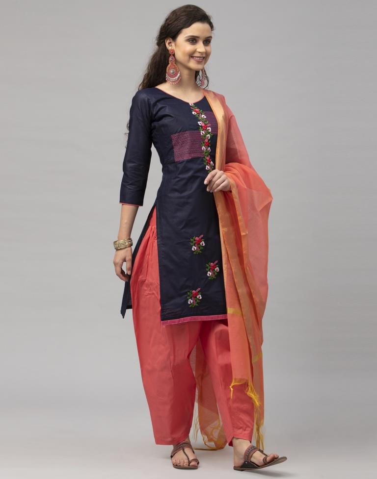 Immaculate Navy Blue Cotton Embroidered Unstitched Salwar Suit | Leemboodi