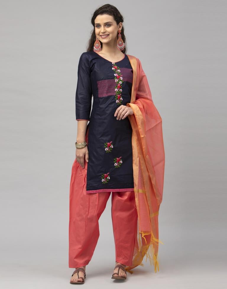 Immaculate Navy Blue Cotton Embroidered Unstitched Salwar Suit | Leemboodi