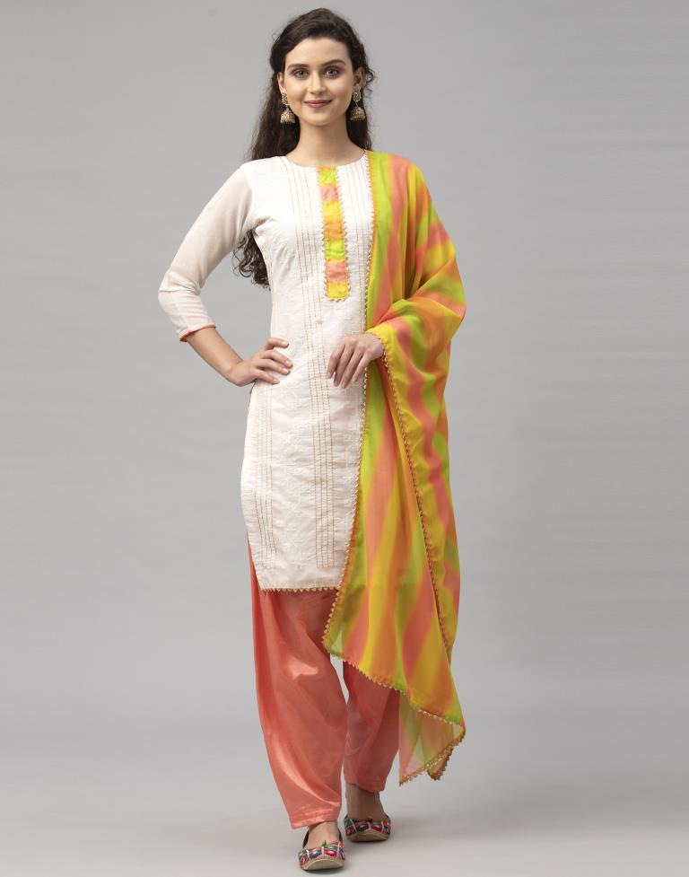 Blooming Off White Cotton Embroidered Unstitched Salwar Suit | Leemboodi