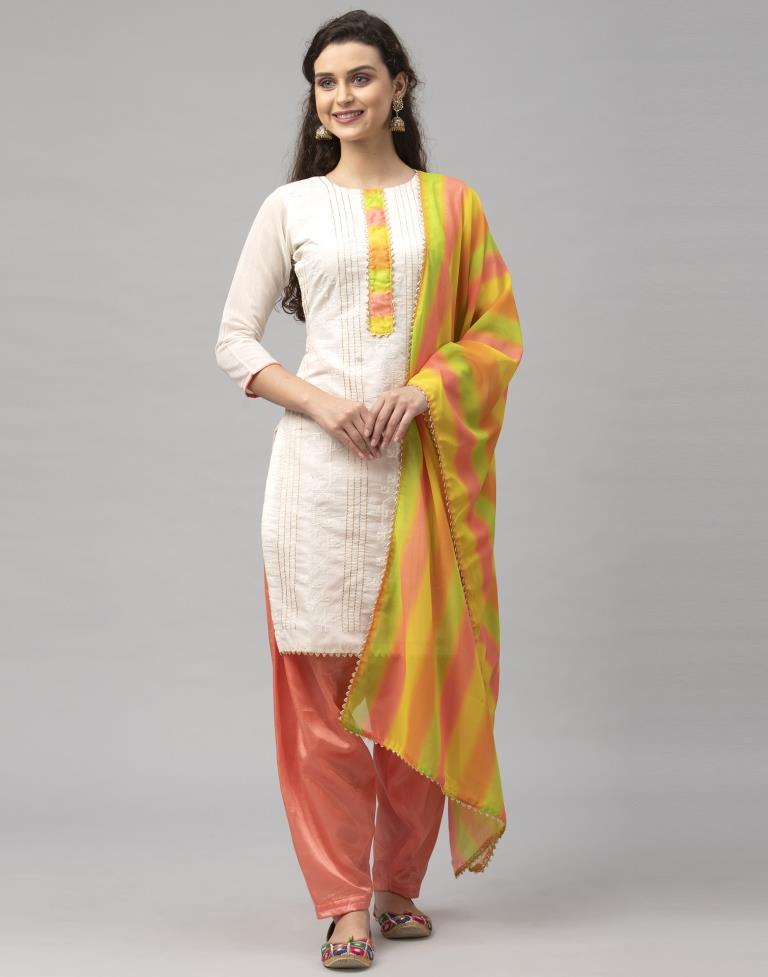 Blooming Off White Cotton Embroidered Unstitched Salwar Suit | Leemboodi