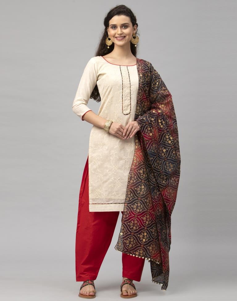 Enigmatic Off White Cotton Embroidered Unstitched Salwar Suit | Leemboodi