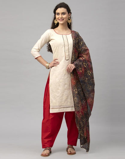 Enigmatic Off White Cotton Embroidered Unstitched Salwar Suit | Leemboodi