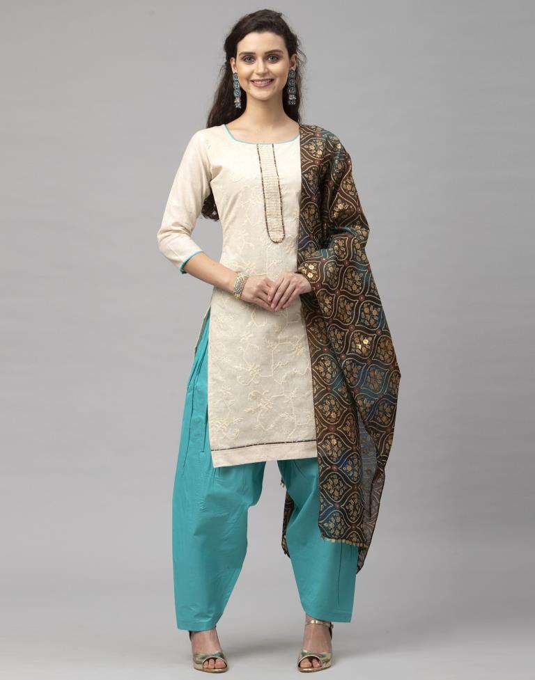 Affluent Off White Cotton Embroidered Unstitched Salwar Suit | Leemboodi