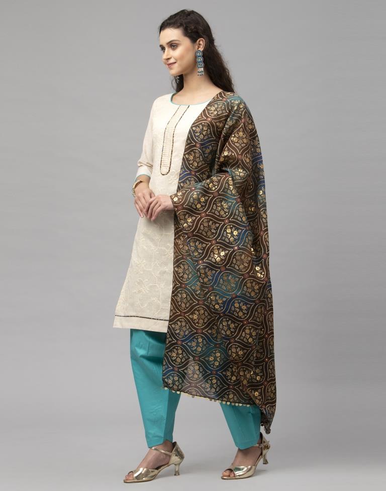 Affluent Off White Cotton Embroidered Unstitched Salwar Suit | Leemboodi