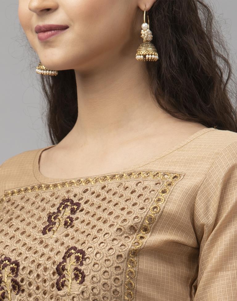 Exquisite Beige Cotton Embroidered Unstitched Salwar Suit | Leemboodi