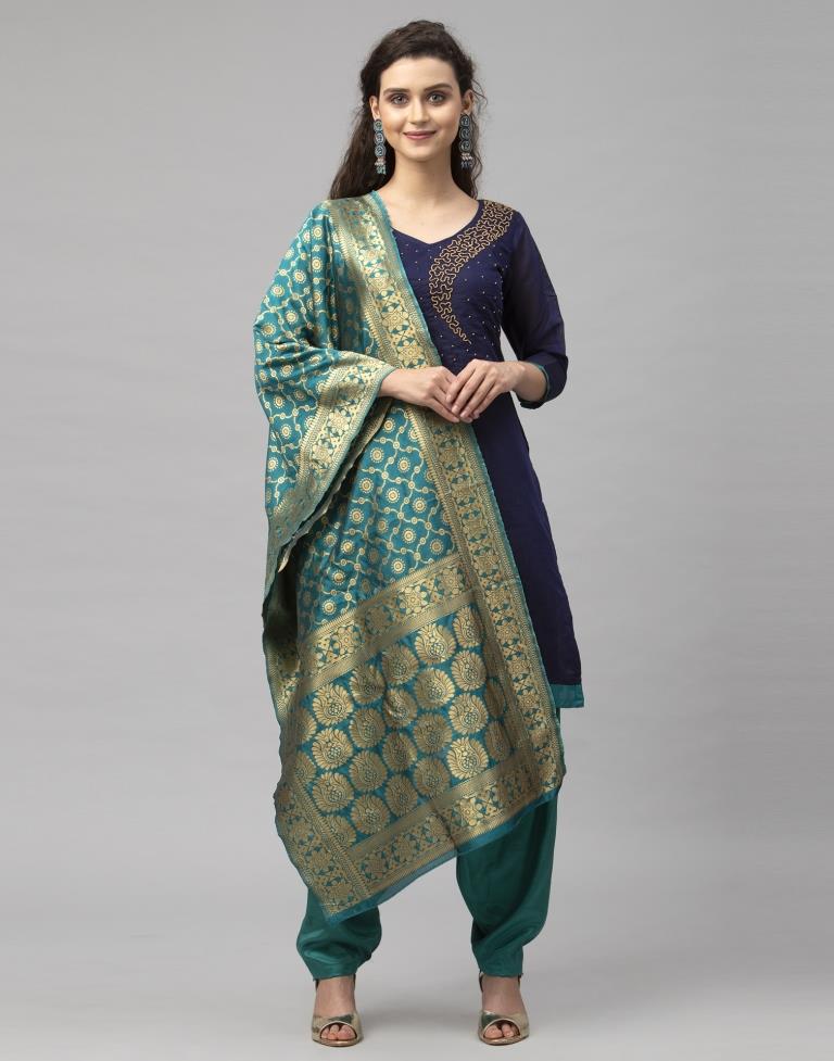 Contemporary Navy Blue Cotton Beads Work Unstitched Salwar Suit | Leemboodi
