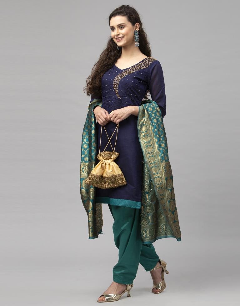 Contemporary Navy Blue Cotton Beads Work Unstitched Salwar Suit | Leemboodi