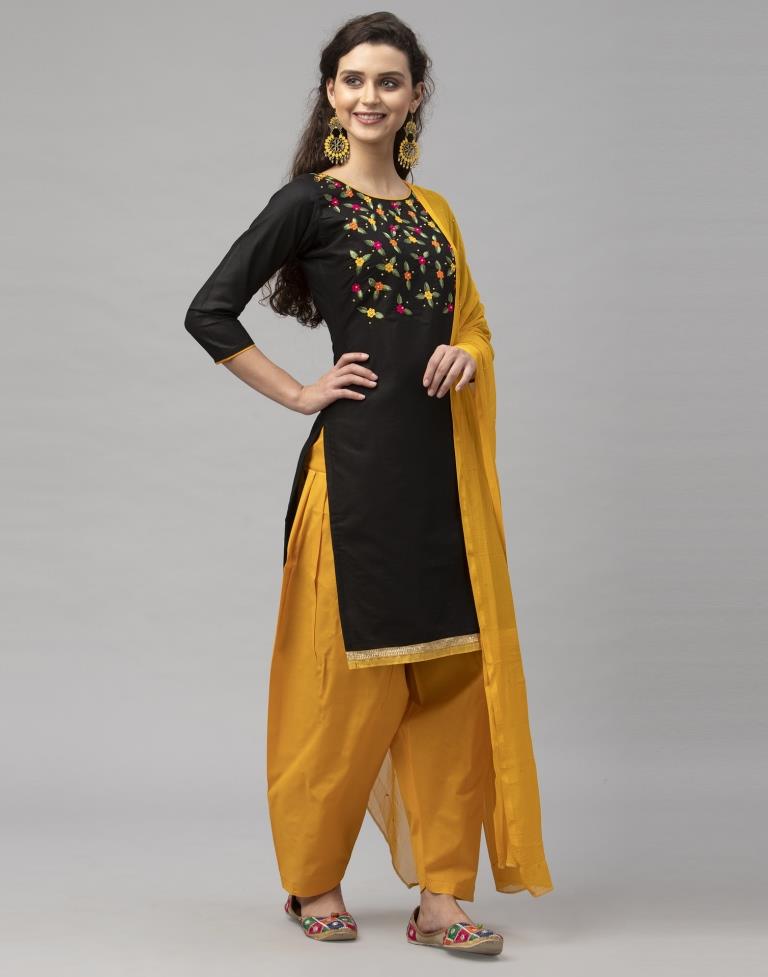 Brilliant Black Cotton Thread Work Unstitched Salwar Suit | Leemboodi