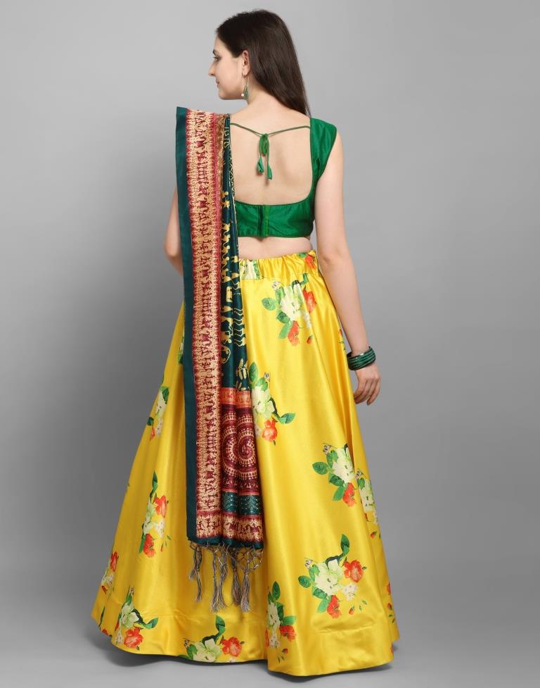 Bedazzling Yellow Coloured Poly Silk Digital Printed Casual Wear Lehenga | Leemboodi