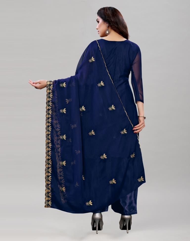 Creative Navy Blue Georgette Embroidered Unstitched Salwar Suit | Leemboodi
