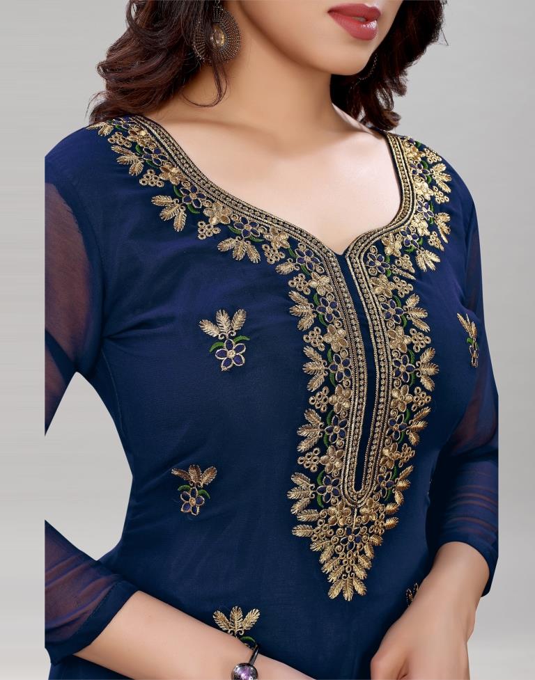 Creative Navy Blue Georgette Embroidered Unstitched Salwar Suit | Leemboodi