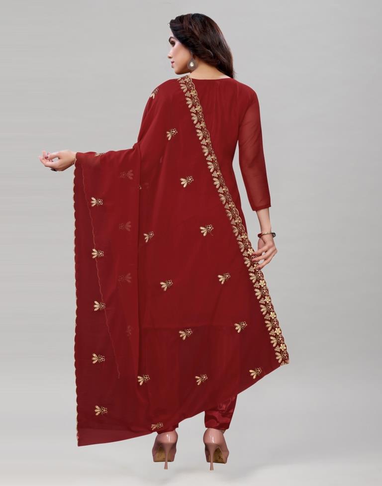 Enticing Maroon Georgette Embroidered Unstitched Salwar Suit | Leemboodi