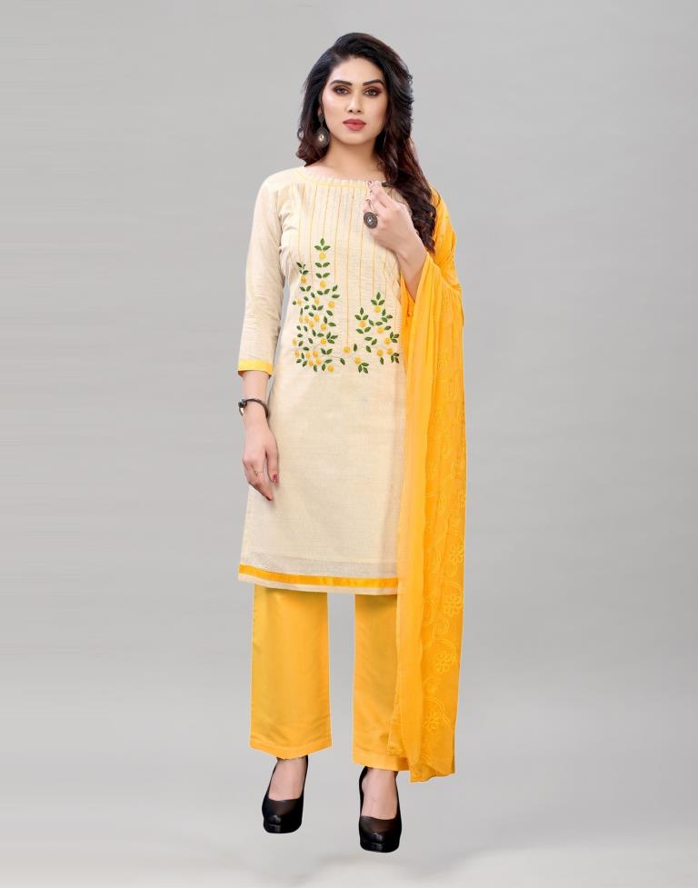 Enchanting Off White Cotton Embroidered Unstitched Salwar Suit | Leemboodi