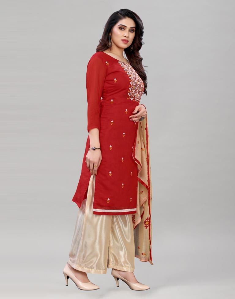 Appealing Red Cotton Embroidered Unstitched Salwar Suit | Leemboodi