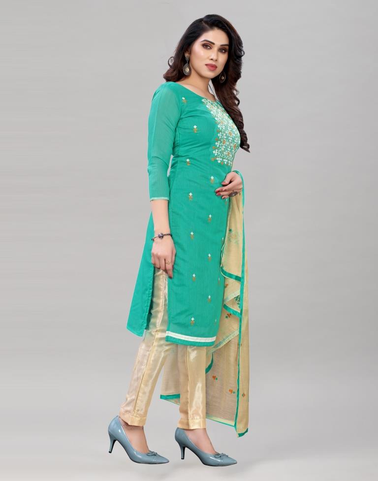 Applaudable Turquoise Blue Cotton Embroidered Unstitched Salwar Suit | Leemboodi