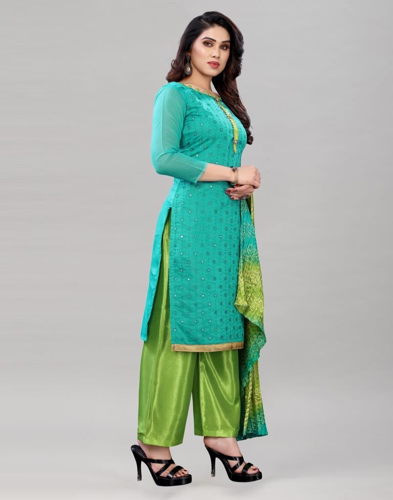 Precious Turquoise Green Cotton Embroidered Unstitched Salwar Suit | Leemboodi