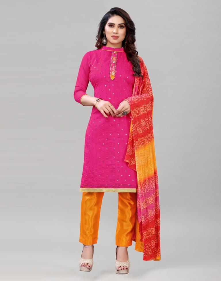 Imperial Pink Cotton Embroidered Unstitched Salwar Suit | Leemboodi