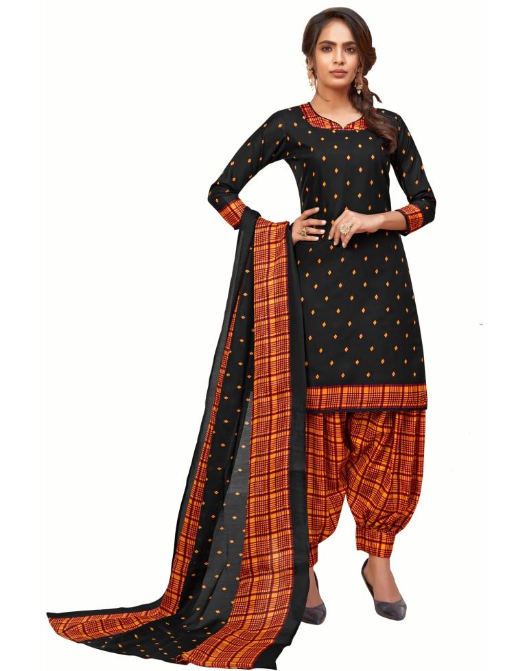 Valiant Black Cotton Printed Unstitched Salwar Suit | Leemboodi