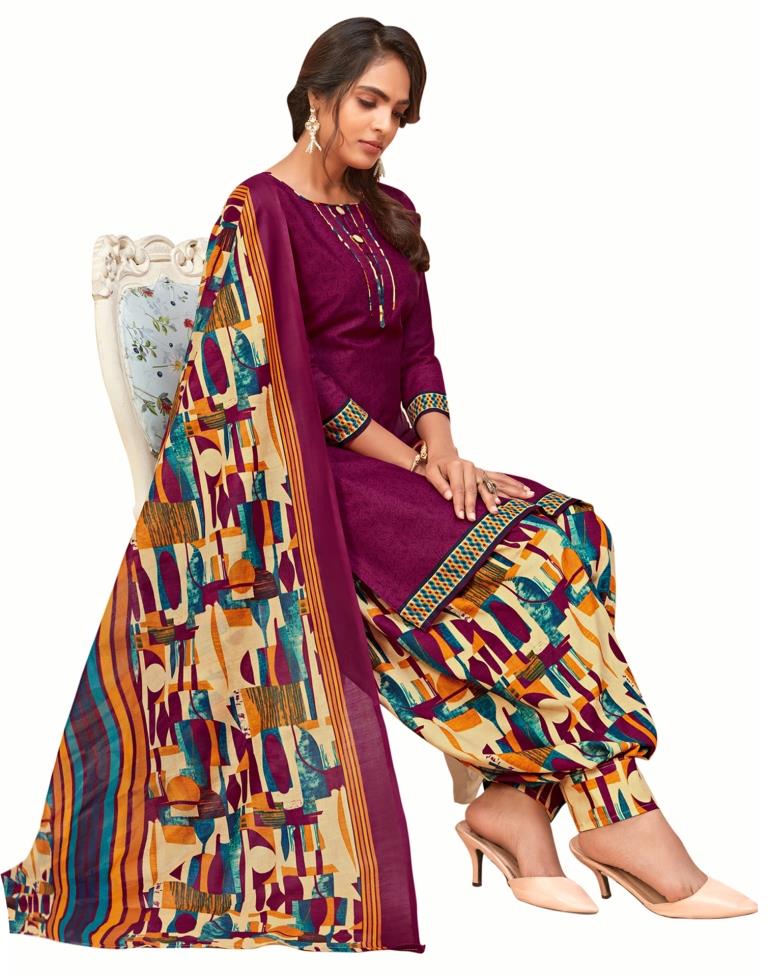 Glistening Wine Cotton Printed Unstitched Salwar Suit | Leemboodi