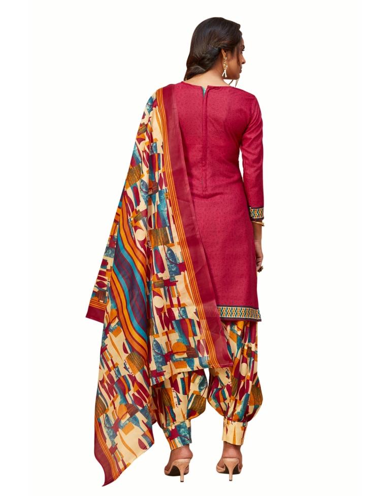 Glistening Wine Cotton Printed Unstitched Salwar Suit | Leemboodi