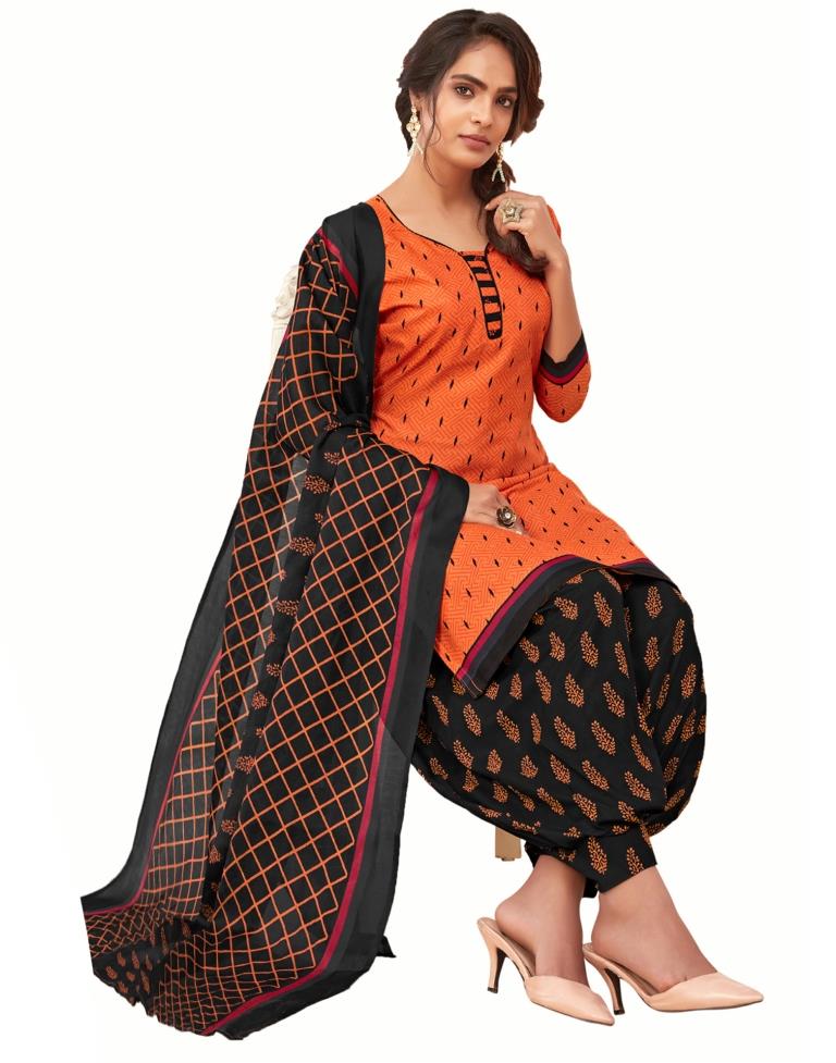 Epitome Orange Cotton Printed Unstitched Salwar Suit | Leemboodi