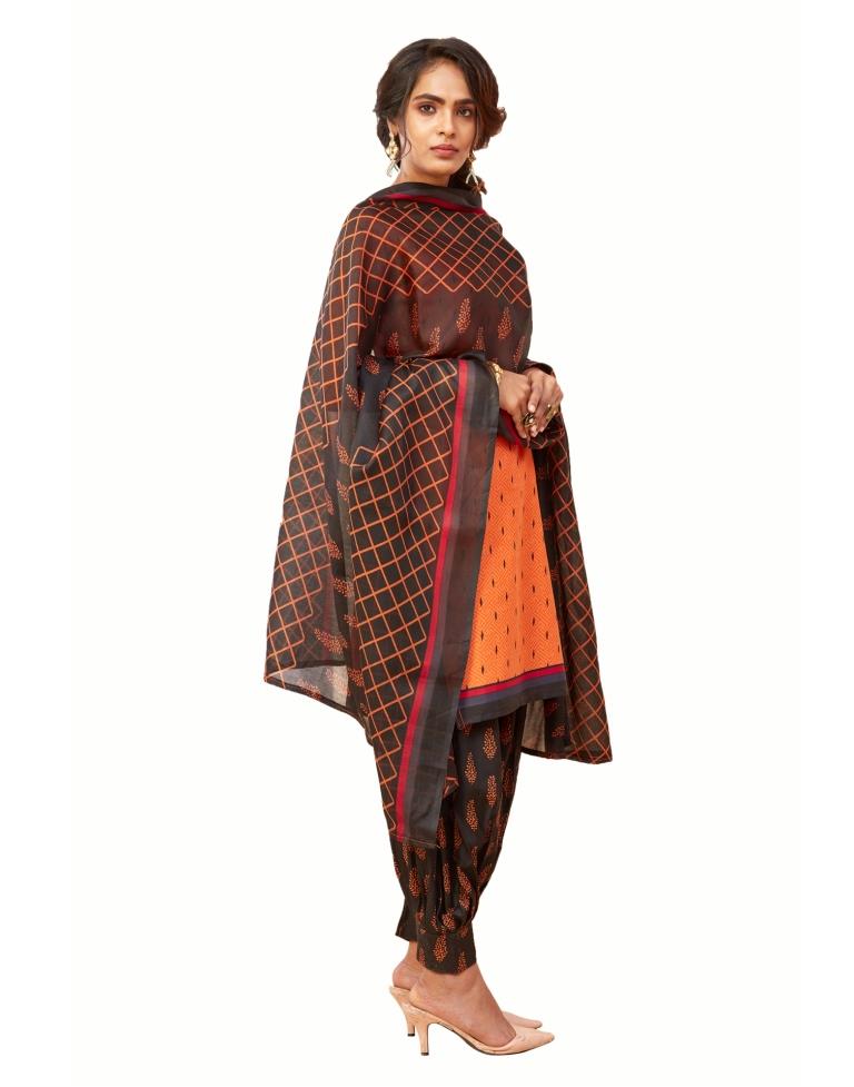 Epitome Orange Cotton Printed Unstitched Salwar Suit | Leemboodi
