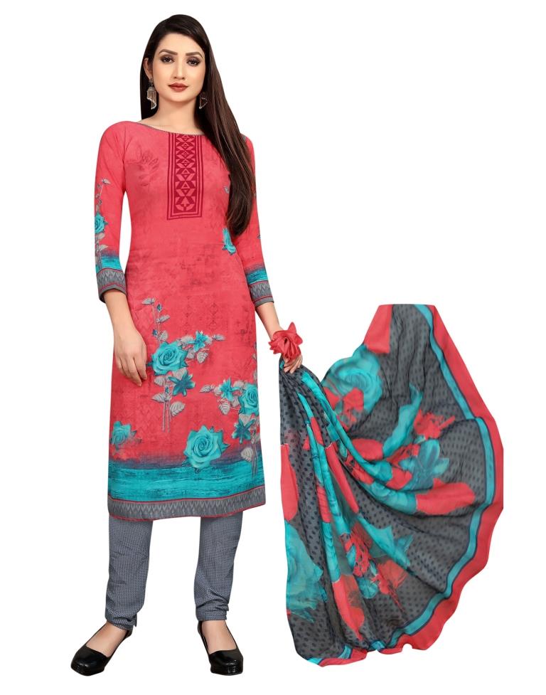 Amazing Strawberry Pink Printed Unstitched Salwar Suit | Leemboodi