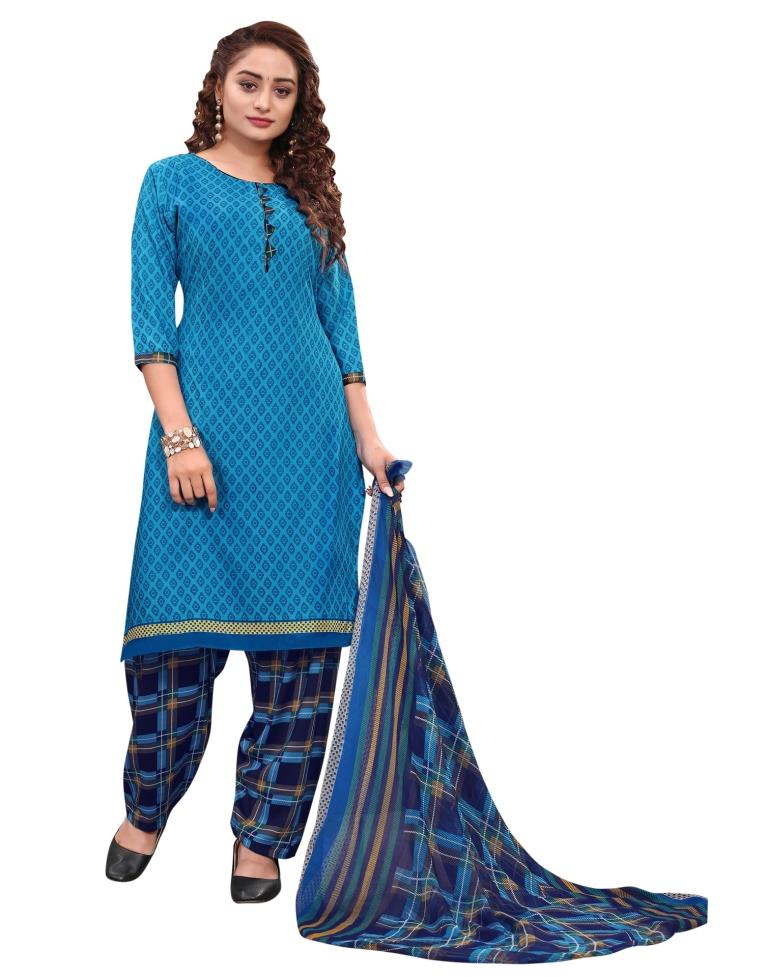 Pleasant Cerulean Blue Printed Unstitched Salwar Suit | Leemboodi
