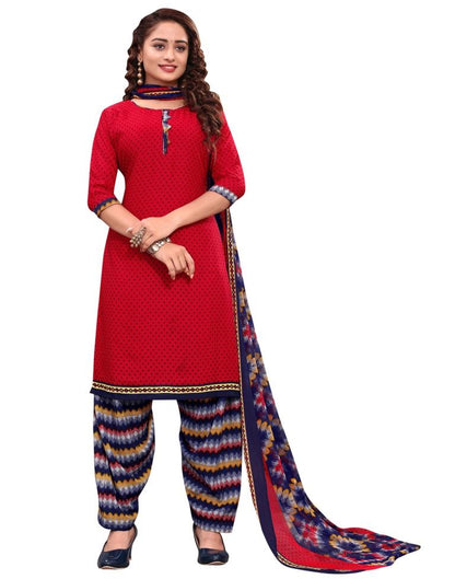 Picturesque Cherry Red Printed Unstitched Salwar Suit | Leemboodi
