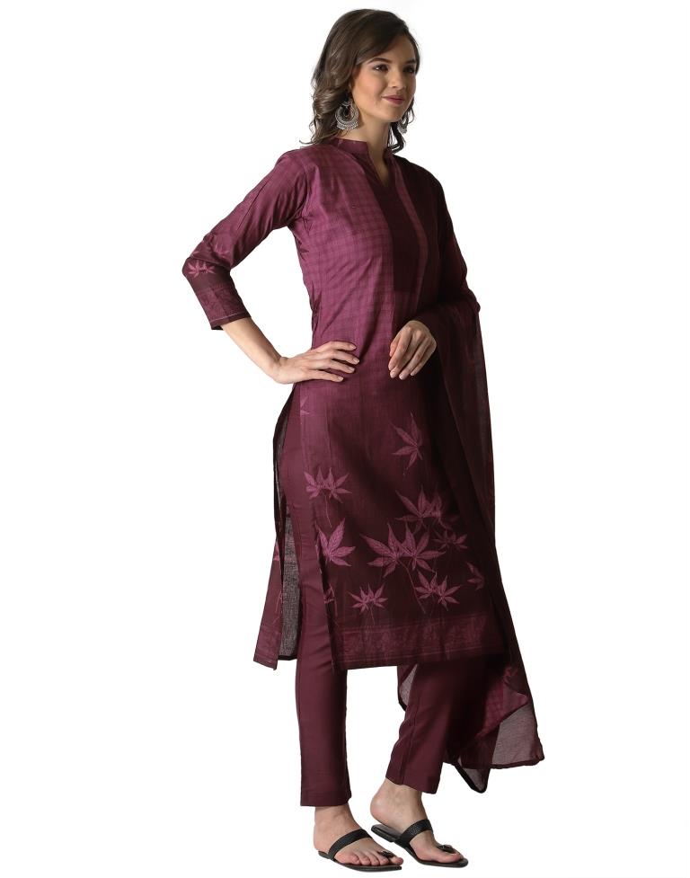 Bedazzling Wine Cotton Printed Unstitched Salwar Suit | Leemboodi